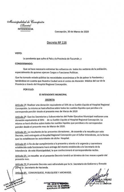 Coronavirus: El decreto firmado por Roberto Sánchez, Intendente de Concepción.