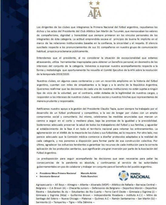 El comunicado de los representantes de la Primera Nacional.