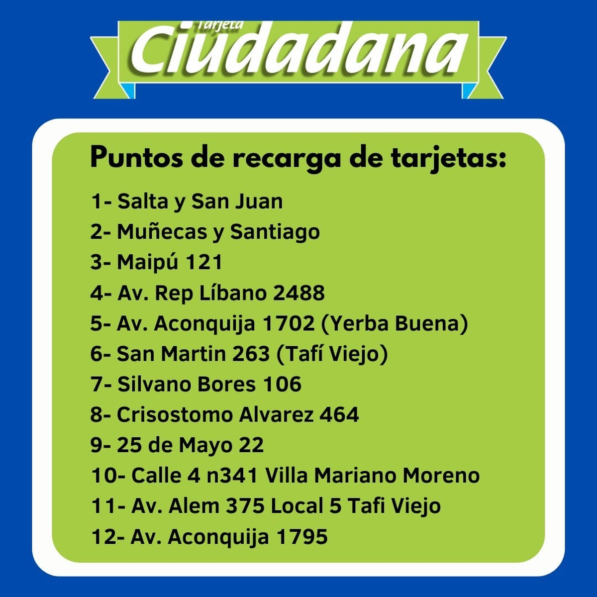 Lugares habilitados para recargar tarjetas.