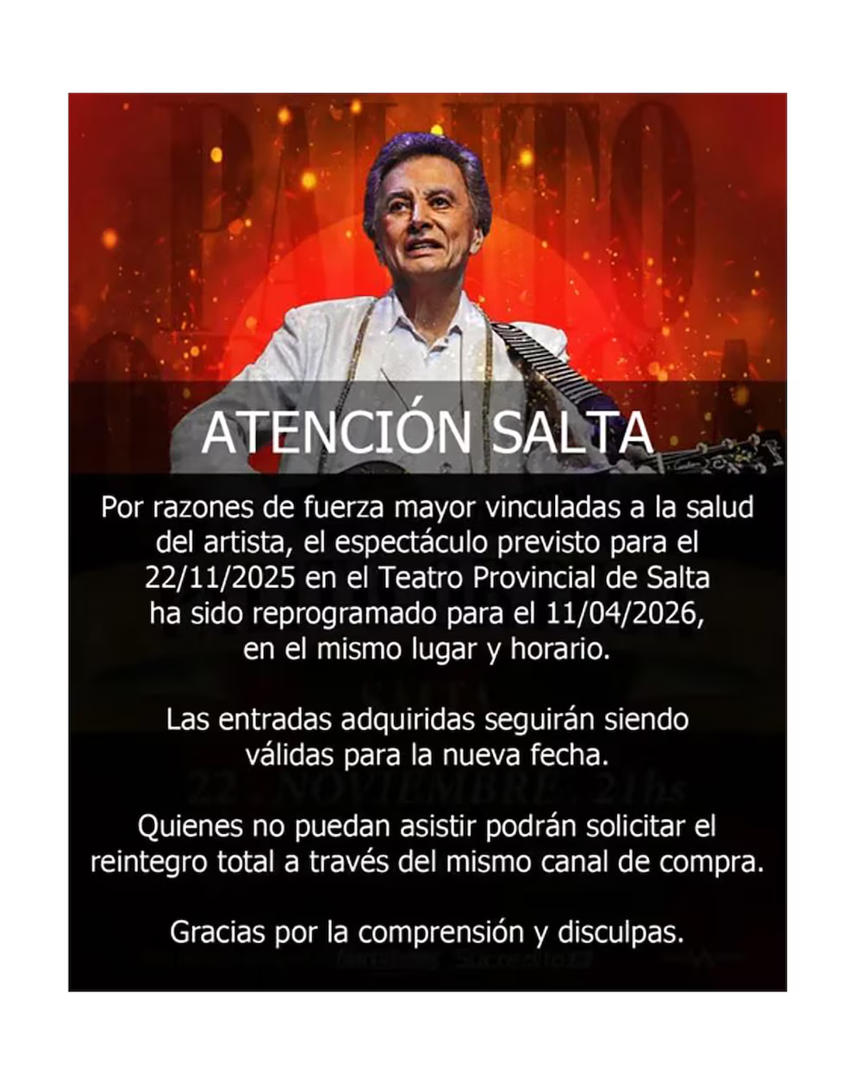 El anuncio de la suspensión del show de Salta y la nueva fecha el año próximo en el canal oficial de Palito Ortega. Foto: ámbito El anuncio de la suspensión del show de Salta y la nueva fecha el año próximo en el canal oficial de Palito Ortega. Foto: ámbito