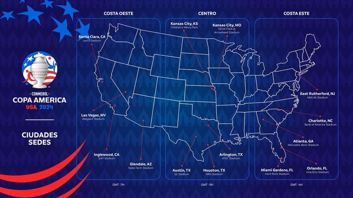 Las sedes de la Copa América Estados Unidos 2024. (Foto: Olé)