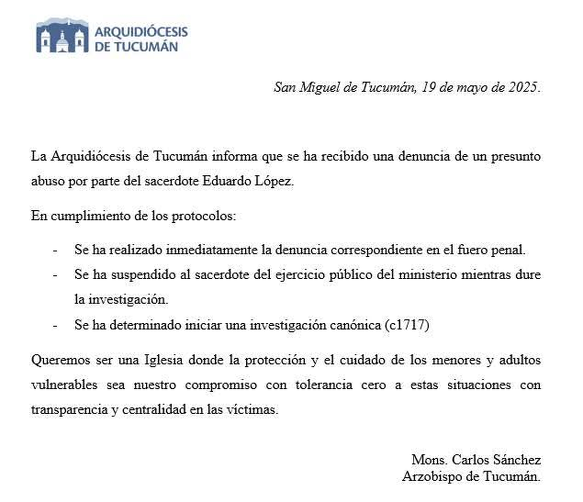 La Arquidiócesis de Tucumán se expresó tras la denuncia a un sacerdote