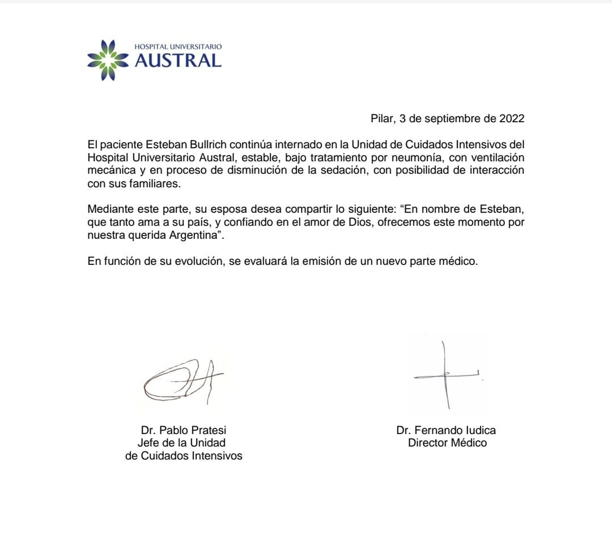La salud de Esteban Bullrich.