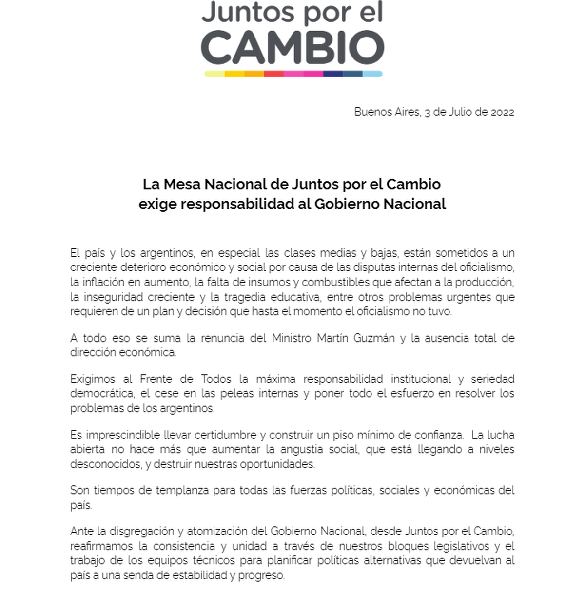 El comunicado de Juntos por el Cambio. 