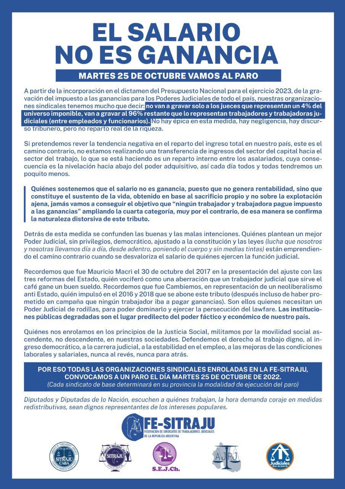Ganancias: El gremio de Judiciales llamó a un paro para el martes 25.