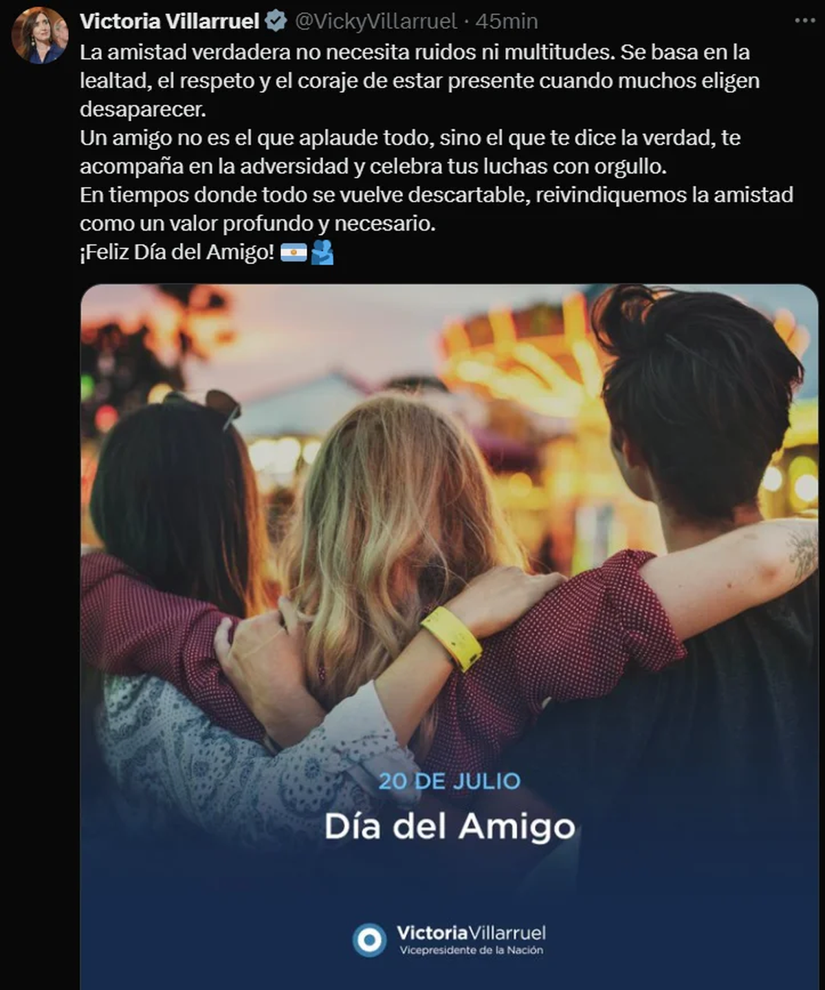 El sugerente mensaje de Victoria Villarruel por el Día del Amigo en medio de las internas con Milei. Foto: El Destape  