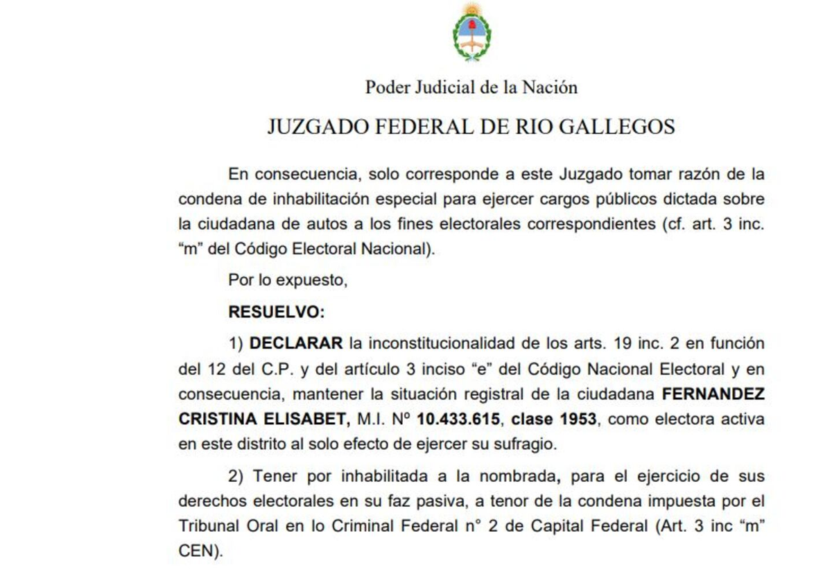 La Justicia incluyó a Cristina Kirchner en el padrón electoral. (Foto: captura TN)