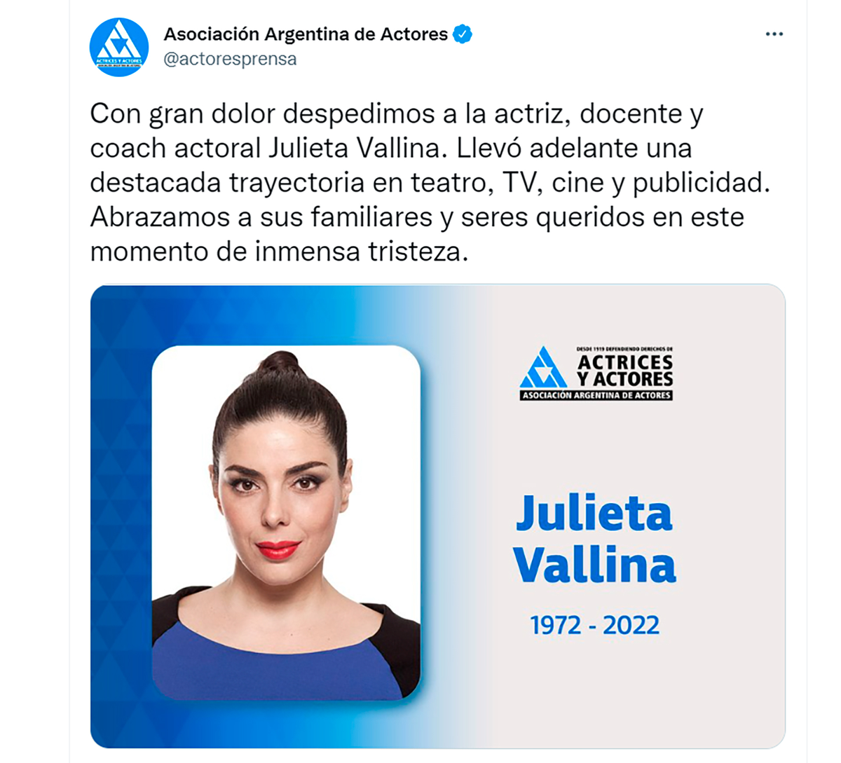 El comunicado de Actores sobre Julieta Vallina.