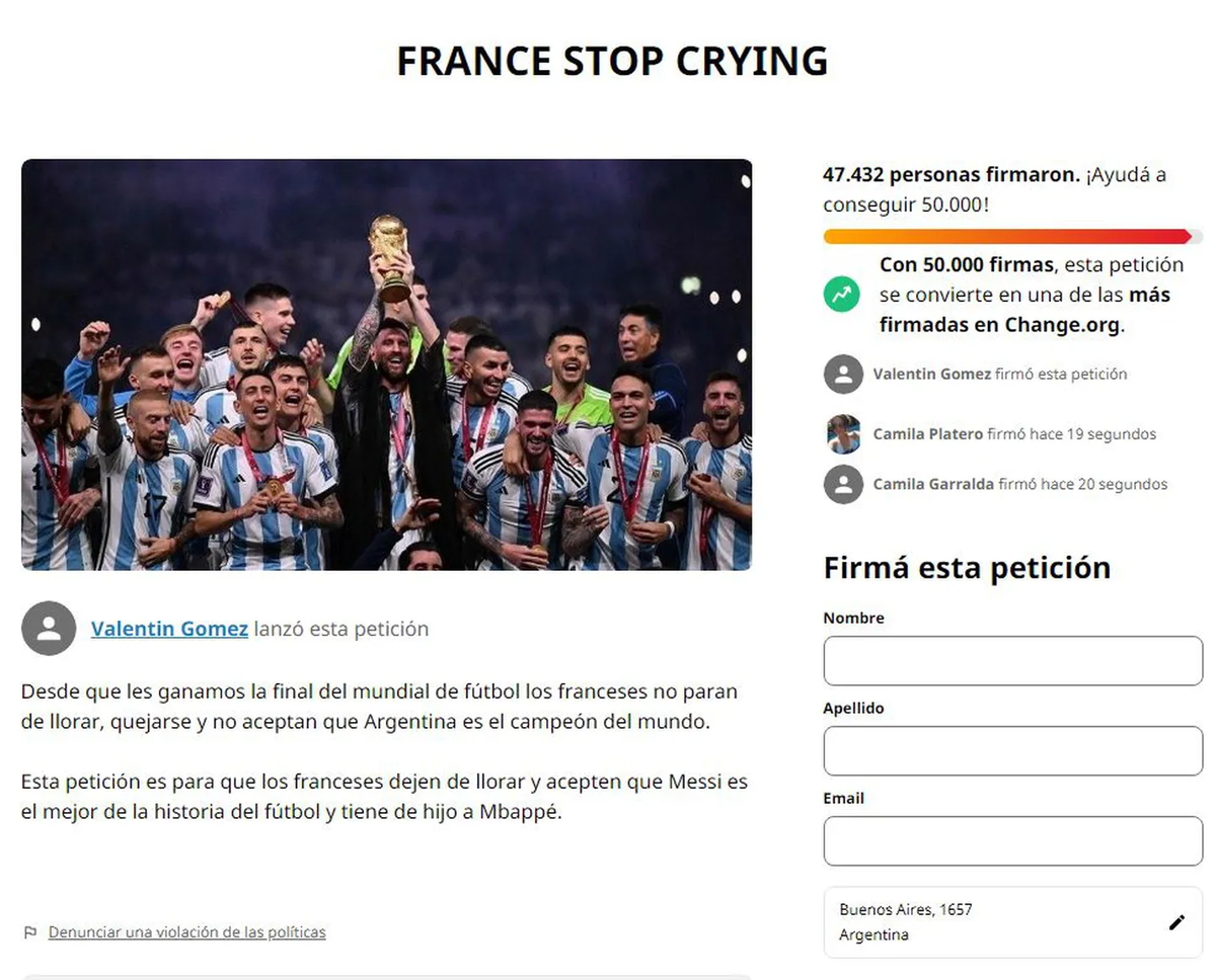 Juntan firmas para que Francia deje de llorar