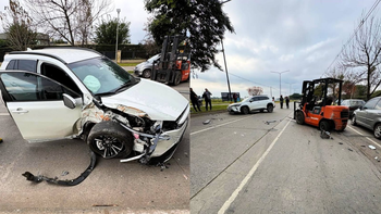 Chocaron un auto y un autoelevador en Av. Perón