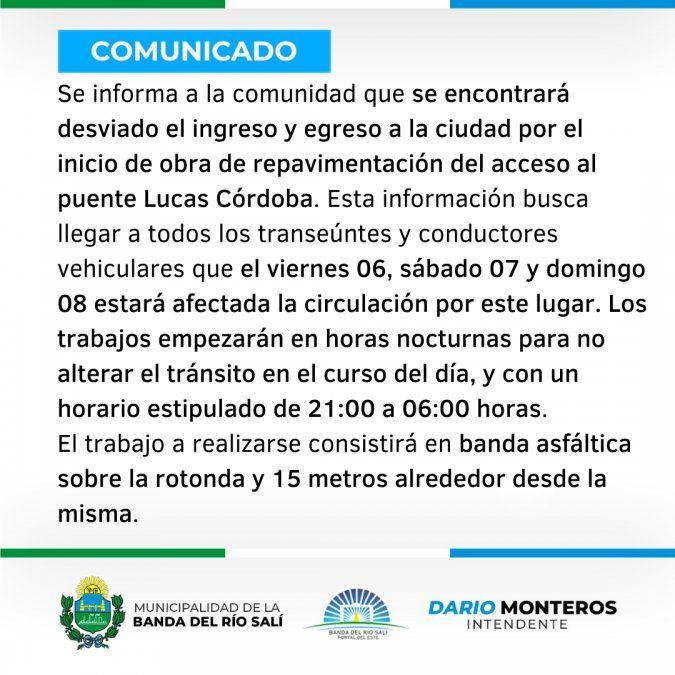 El fin de semana realizarán obras en el Puente Lucas Córdoba de Banda del Río Salí. Foto: Municipalidad Banda del Río Salí.
