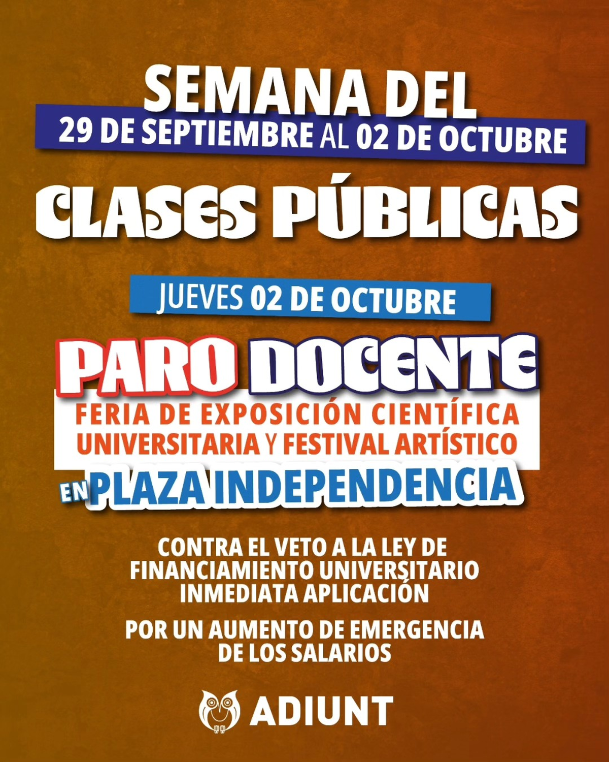 ADIUNT inicia una semana con clases públicas y paro docente