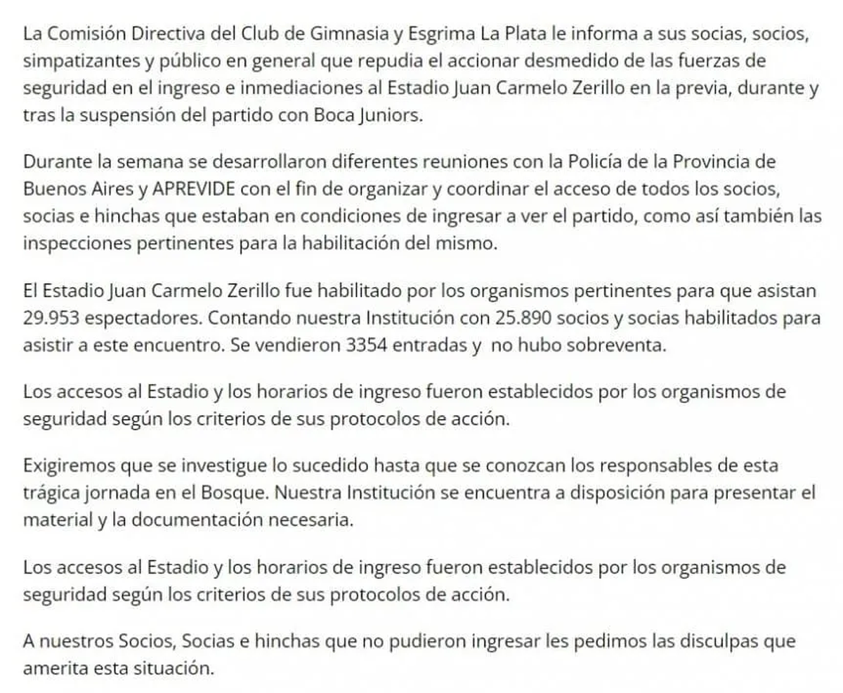 Luego de los incidentes, Gimnasia publicó un comunicado