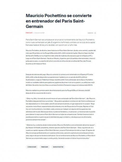 El comunicado del PSG para confirmar el arribo de Mauricio Pochettino.