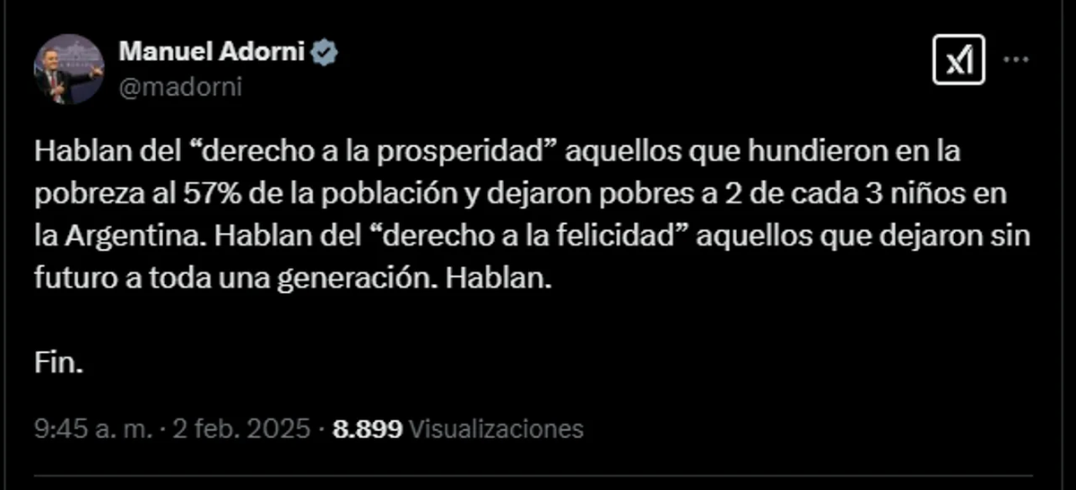 Manuel Adorni criticó a Cristina Kirchner. Foto: Noticias Argentinas