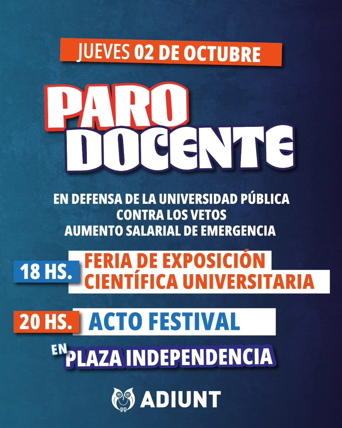 ADIUNT inicia una semana con clases públicas y paro docente