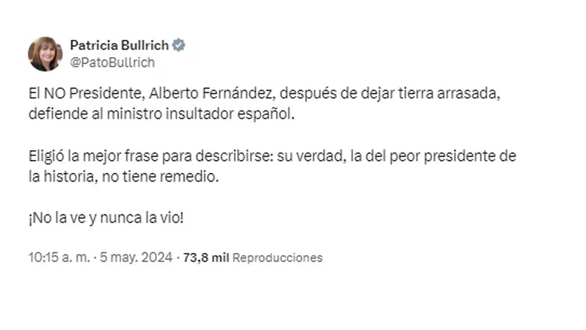 Patricia Bullrich arremetió contra Alberto Fernández en X. (Foto: Infobae)