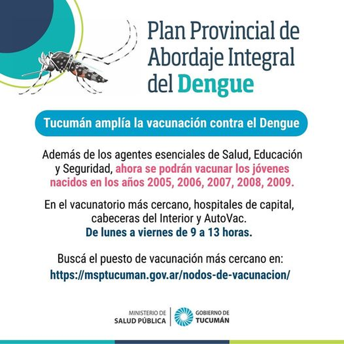 Dengue: ¿dónde pueden vacunarse los jóvenes entre 15 y 19 años?. (Foto: Facebook del Ministerio de Salud Pública de Tucumán)