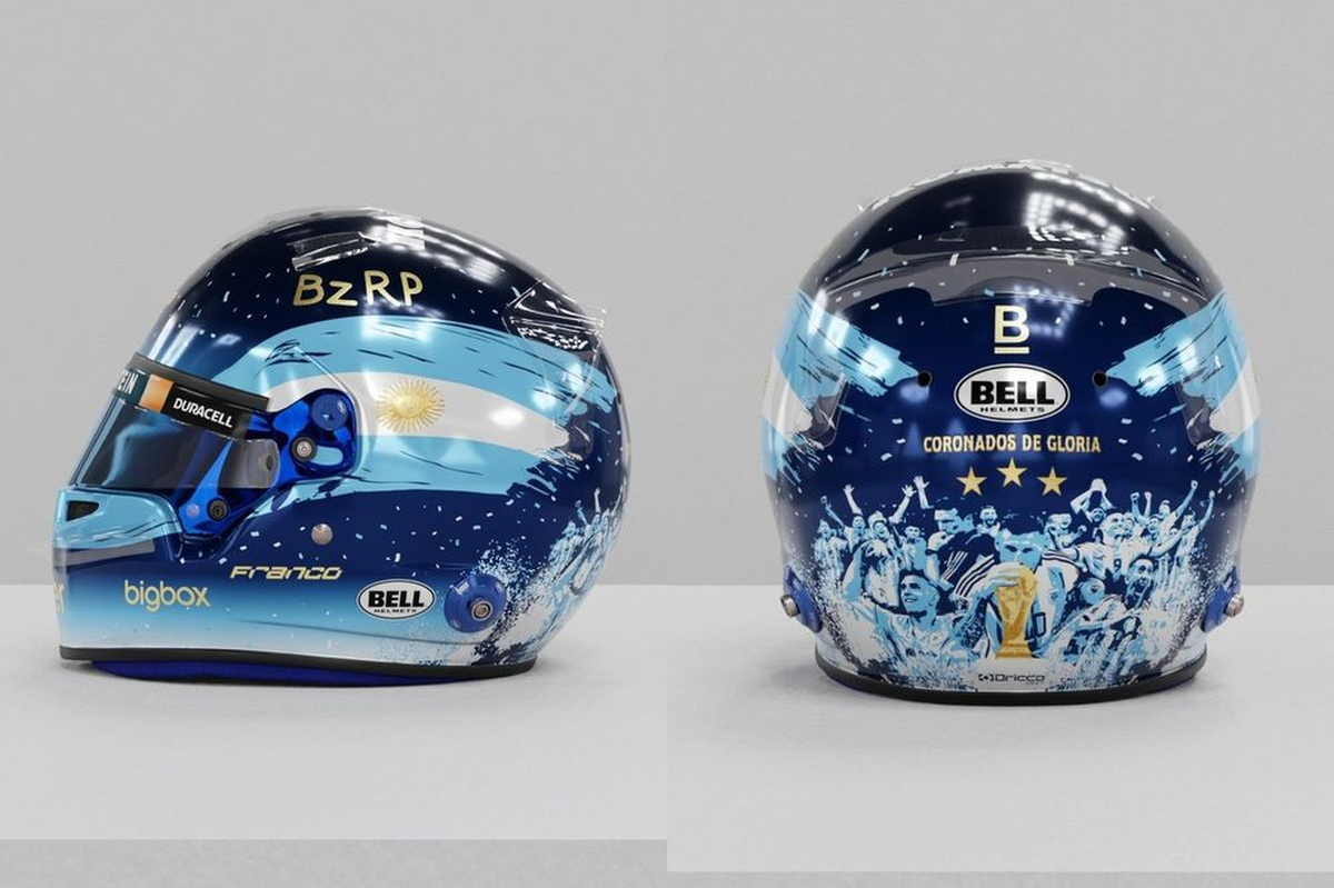 El casco en homenaje a La Scaloneta que usará Colapinto en Qatar. El casco en homenaje a La Scaloneta que usará Colapinto en Qatar.