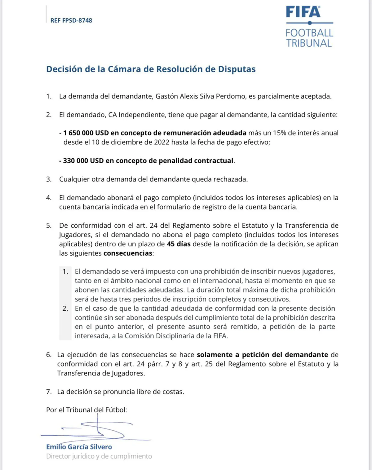 Club Atlético Independiente quedó inhibido por Fifa por no pagar una deuda  a Gastón Silva