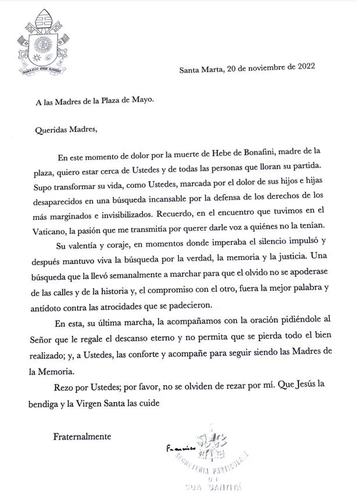 La carta de Francisco por la muerte de Hebe de Bonafini